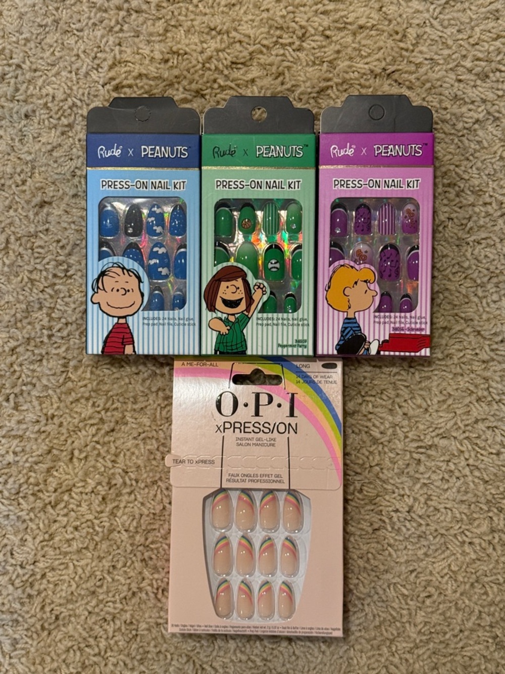Rude x Peanuts & OPI Assorted Press-On Nail Kits — Blue, Green, Purple, Nude